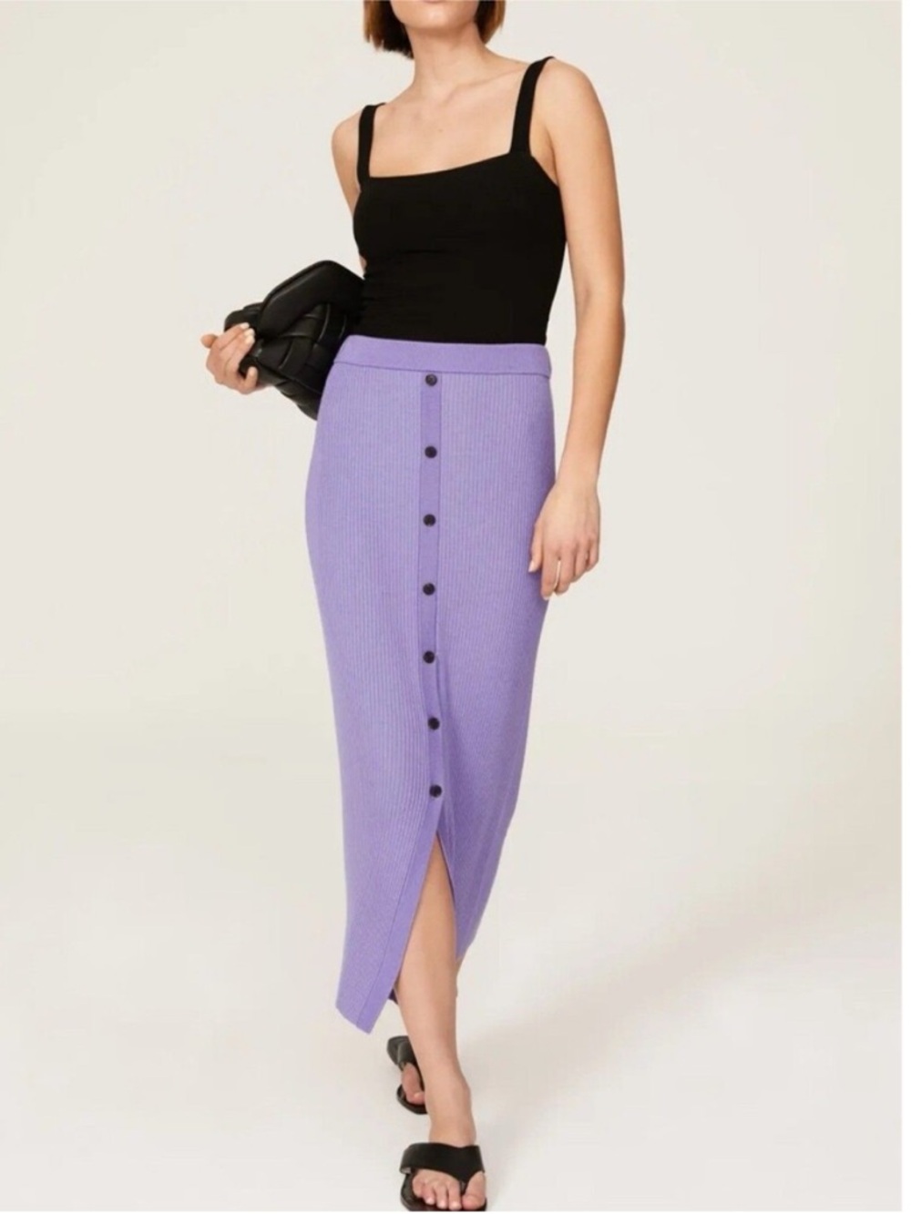🌻NAADAM Merino Wool Silk Ribbed Midi Pencil Skirt Purple Size M Stretch Knit